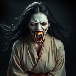 A hyper-realistic full-body depiction of Kuchisake-onna, the monstrous woman from Japanese legend, portrayed head-on with her mouth wide open and filled with blood, revealing sharp, menacing teeth