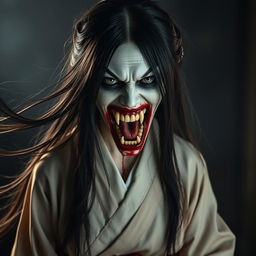 A hyper-realistic full-body depiction of Kuchisake-onna, the monstrous woman from Japanese legend, portrayed head-on with her mouth wide open and filled with blood, revealing sharp, menacing teeth