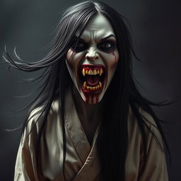 A hyper-realistic full-body depiction of Kuchisake-onna, the monstrous woman from Japanese legend, portrayed head-on with her mouth wide open and filled with blood, revealing sharp, menacing teeth