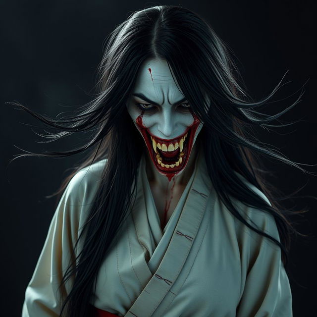 A hyper-realistic full-body depiction of Kuchisake-onna, the monstrous woman from Japanese legend, portrayed head-on with her mouth wide open and filled with blood, revealing sharp, menacing teeth