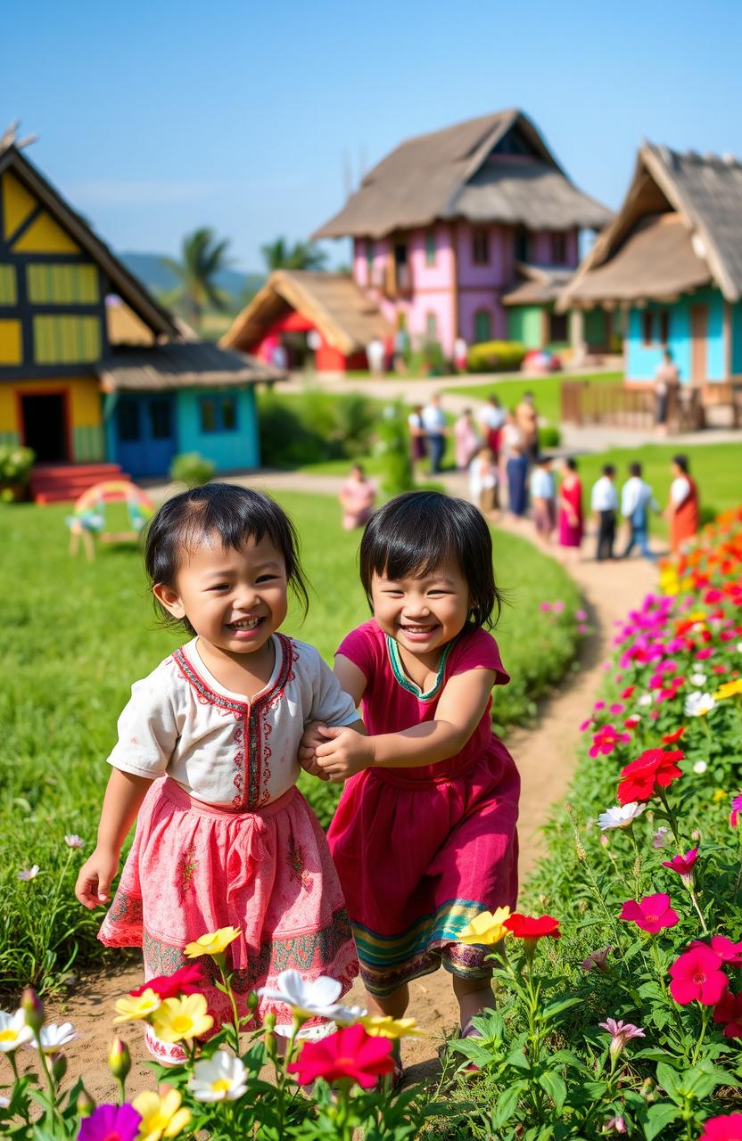 Two cute children playing together in a vibrant village setting