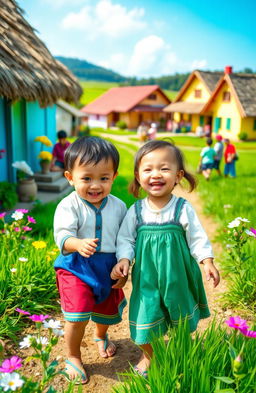 Two cute children playing together in a vibrant village setting