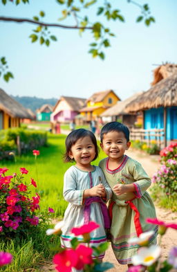 Two cute children playing together in a vibrant village setting