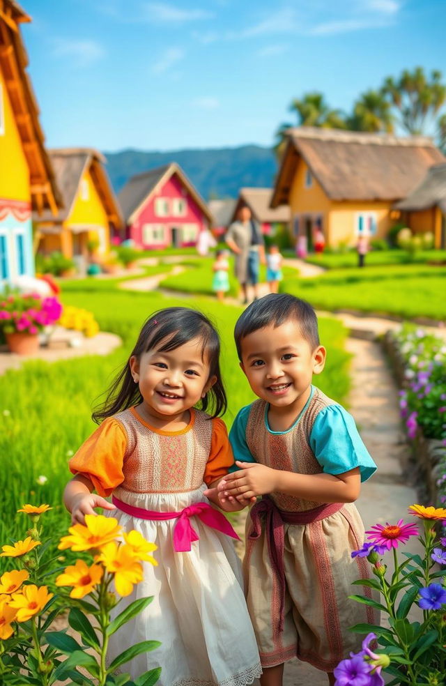 Two cute children playing together in a vibrant village setting