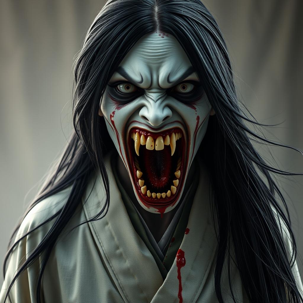 A hyper-realistic full-body depiction of Kuchisake-onna, the monstrous woman from Japanese legend, shown head-on with her mouth wide open and filled with blood, revealing sharp, menacing teeth