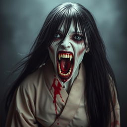 A hyper-realistic full-body depiction of Kuchisake-onna, the monstrous woman from Japanese legend, shown head-on with her mouth wide open and filled with blood, revealing sharp, menacing teeth