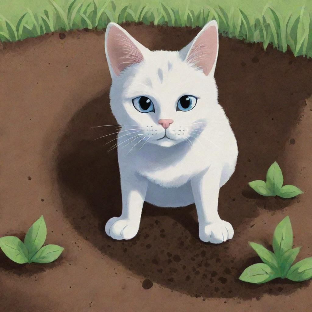 A cartoon depiction of Luna, the cat, gently digging holes in the ground and carefully planting seeds.