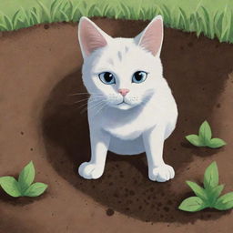 A cartoon depiction of Luna, the cat, gently digging holes in the ground and carefully planting seeds.