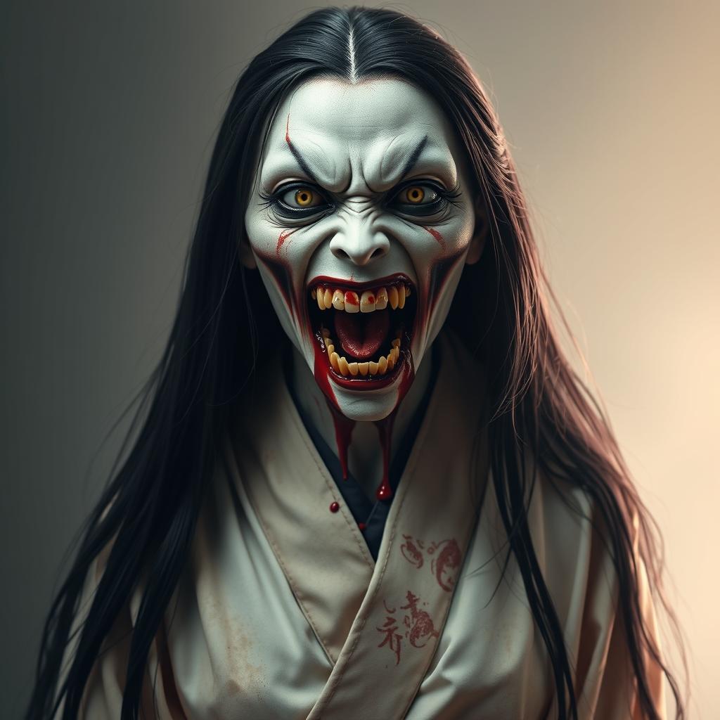 A hyper-realistic full-body depiction of Kuchisake-onna, the monstrous woman from Japanese legend, shown head-on with her mouth wide open and filled with blood, revealing sharp, menacing teeth