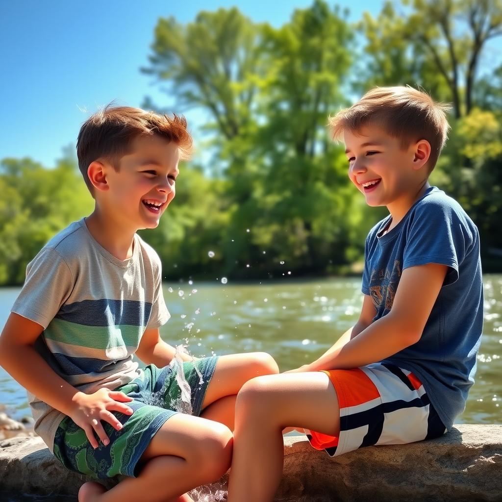 Two handsome 12-year-old boys sitting by the riverbank, enjoying a sunny day