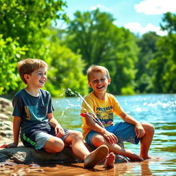 Two handsome 12-year-old boys sitting by the riverbank, enjoying a sunny day