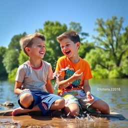 Two handsome 12-year-old boys sitting by the riverbank, enjoying a sunny day