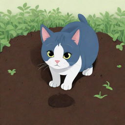 A cartoon depiction of Luna, the cat, gently digging holes in the ground and carefully planting seeds.