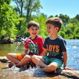 Two handsome 12-year-old boys sitting by the riverbank, enjoying a sunny day