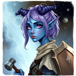 A full-body illustration of a young 14-year-old female tiefling in Dungeons & Dragons fantasy art style, depicted in a 3/4 view