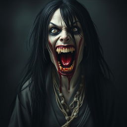 A hyper-realistic full-body depiction of Kuchisake-onna, the monstrous woman, shown directly facing the viewer with her mouth wide open, filled with blood and displaying sharp, fearsome teeth