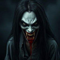 A hyper-realistic full-body depiction of Kuchisake-onna, the monstrous woman, shown directly facing the viewer with her mouth wide open, filled with blood and displaying sharp, fearsome teeth