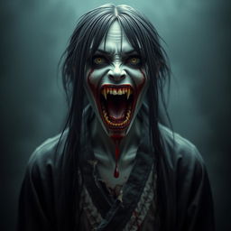 A hyper-realistic full-body depiction of Kuchisake-onna, the monstrous woman, shown directly facing the viewer with her mouth wide open, filled with blood and displaying sharp, fearsome teeth