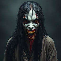 A hyper-realistic full-body depiction of Kuchisake-onna, the monstrous woman, shown directly facing the viewer with her mouth wide open, filled with blood and displaying sharp, fearsome teeth