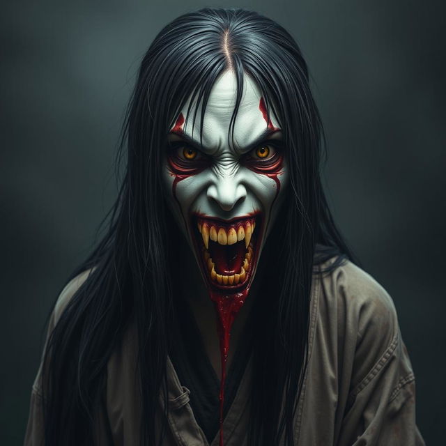 A hyper-realistic full-body depiction of Kuchisake-onna, the monstrous woman, shown directly facing the viewer with her mouth wide open, filled with blood and displaying sharp, fearsome teeth