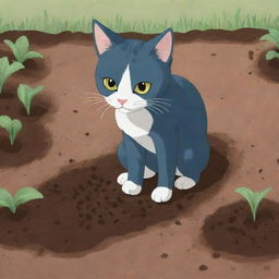 A cartoon depiction of Luna, the cat, gently digging holes in the ground and carefully planting seeds.