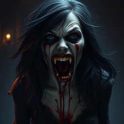 A hyper-realistic full-body depiction of a monstrous woman with her mouth wide open, filled with blood