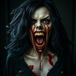 A hyper-realistic full-body depiction of a monstrous woman with her mouth wide open, filled with blood