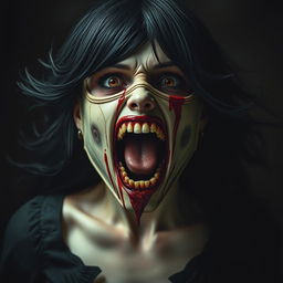 A hyper-realistic full-body depiction of a monstrous woman with her mouth wide open, filled with blood