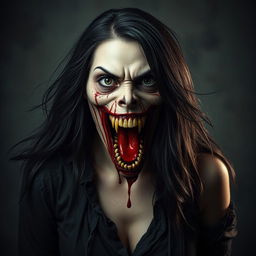 A hyper-realistic full-body depiction of a monstrous woman with her mouth wide open, filled with blood