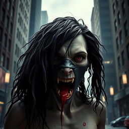 A hyper-realistic full-body depiction of a monstrous woman standing in a cityscape, with her mouth wide open and filled with blood, creating a striking and horrifying visual