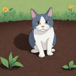 A cartoon depiction of Luna, the cat, gently digging holes in the ground and carefully planting seeds.