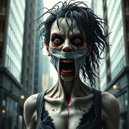 A hyper-realistic full-body depiction of a monstrous woman standing in a cityscape, with her mouth wide open and filled with blood, creating a striking and horrifying visual