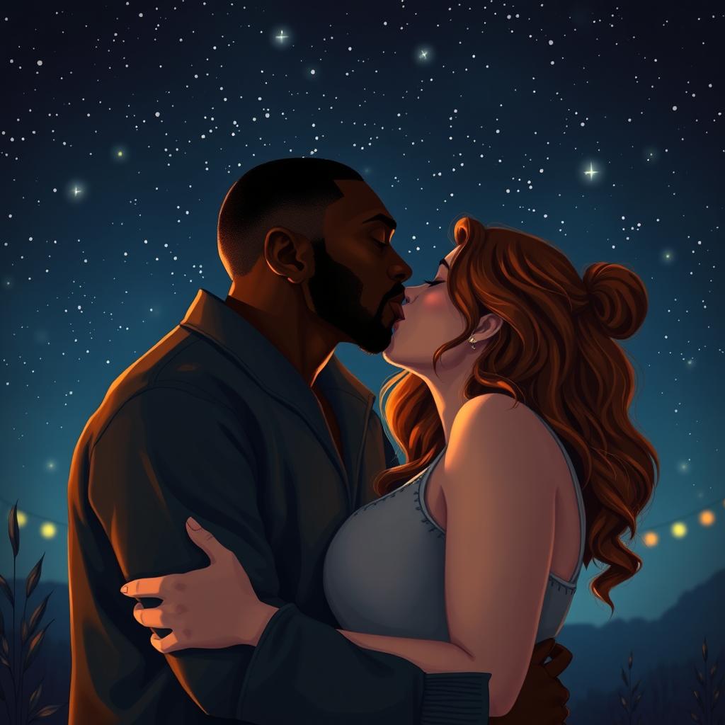 A passionate scene depicting a strong, young Black father with an intense gaze kissing a curvy, young redhead woman under a starry night sky