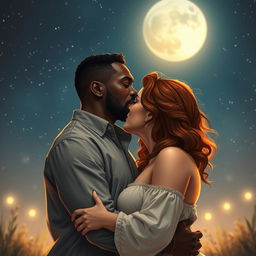 A passionate scene depicting a strong, young Black father with an intense gaze kissing a curvy, young redhead woman under a starry night sky