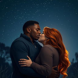 A passionate scene depicting a strong, young Black father with an intense gaze kissing a curvy, young redhead woman under a starry night sky