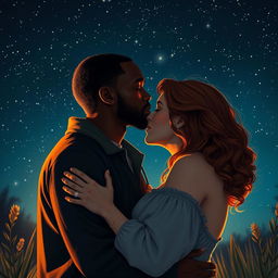 A passionate scene depicting a strong, young Black father with an intense gaze kissing a curvy, young redhead woman under a starry night sky