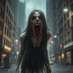 A hyper-realistic full-body depiction of a monstrous woman standing in an urban environment, with her mouth wide open and filled with blood, creating a striking and terrifying visual