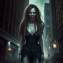 A hyper-realistic full-body depiction of a monstrous woman standing in an urban environment, with her mouth wide open and filled with blood, creating a striking and terrifying visual