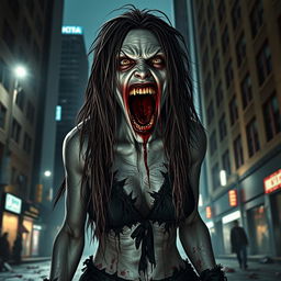 A hyper-realistic full-body depiction of a monstrous woman standing in an urban environment, with her mouth wide open and filled with blood, creating a striking and terrifying visual