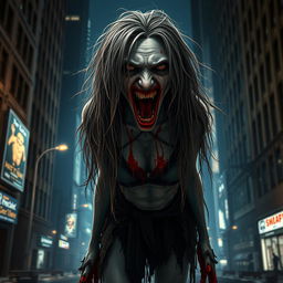 A hyper-realistic full-body depiction of a monstrous woman standing in an urban environment, with her mouth wide open and filled with blood, creating a striking and terrifying visual