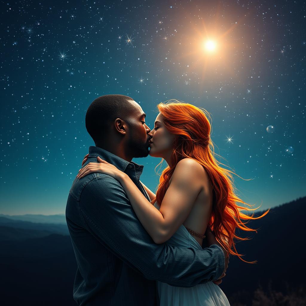 A passionate scene under a starry night sky, featuring a strong, young black man kissing a young red-haired woman with deep lust