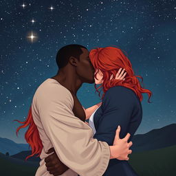 A passionate scene under a starry night sky, featuring a strong, young black man kissing a young red-haired woman with deep lust