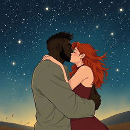 A passionate scene under a starry night sky, featuring a strong, young black man kissing a young red-haired woman with deep lust