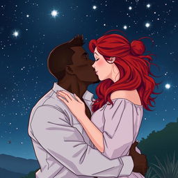 A passionate scene under a starry night sky, featuring a strong, young black man kissing a young red-haired woman with deep lust