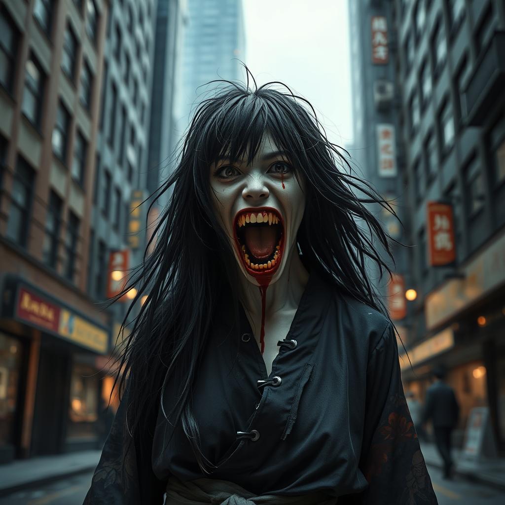 A hyper-realistic full-body depiction of a monstrous Japanese woman standing in an urban environment, her mouth wide open and filled with blood, creating a strikingly terrifying visual