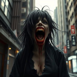 A hyper-realistic full-body depiction of a monstrous Japanese woman standing in an urban environment, her mouth wide open and filled with blood, creating a strikingly terrifying visual