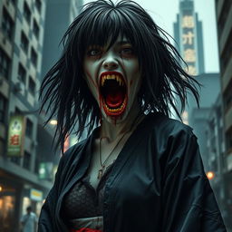 A hyper-realistic full-body depiction of a monstrous Japanese woman standing in an urban environment, her mouth wide open and filled with blood, creating a strikingly terrifying visual