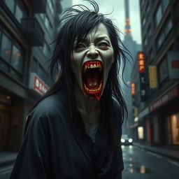 A hyper-realistic full-body depiction of a monstrous Japanese woman standing in an urban environment, her mouth wide open and filled with blood, creating a strikingly terrifying visual