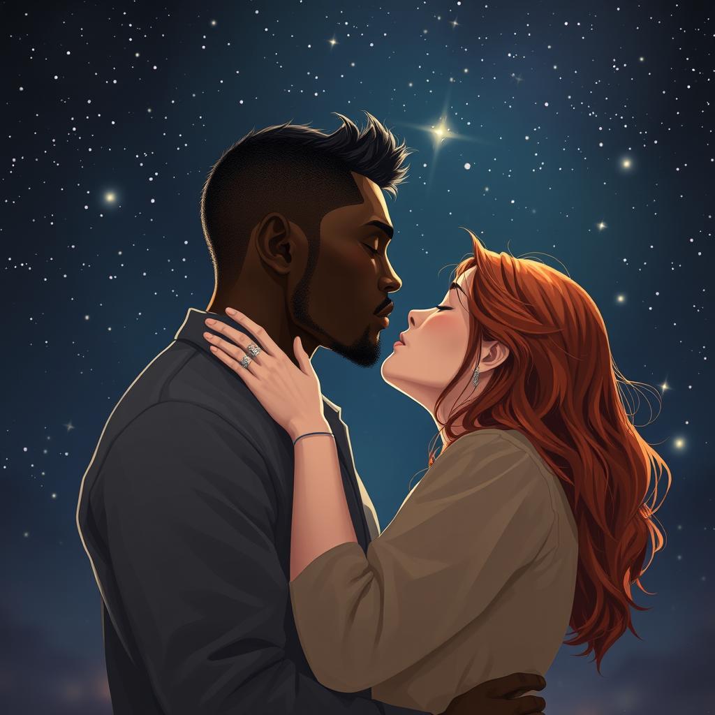 A passionate scene of a strong, young black man kissing a young red-haired woman under a starry night sky