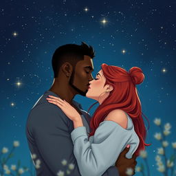 A passionate scene of a strong, young black man kissing a young red-haired woman under a starry night sky